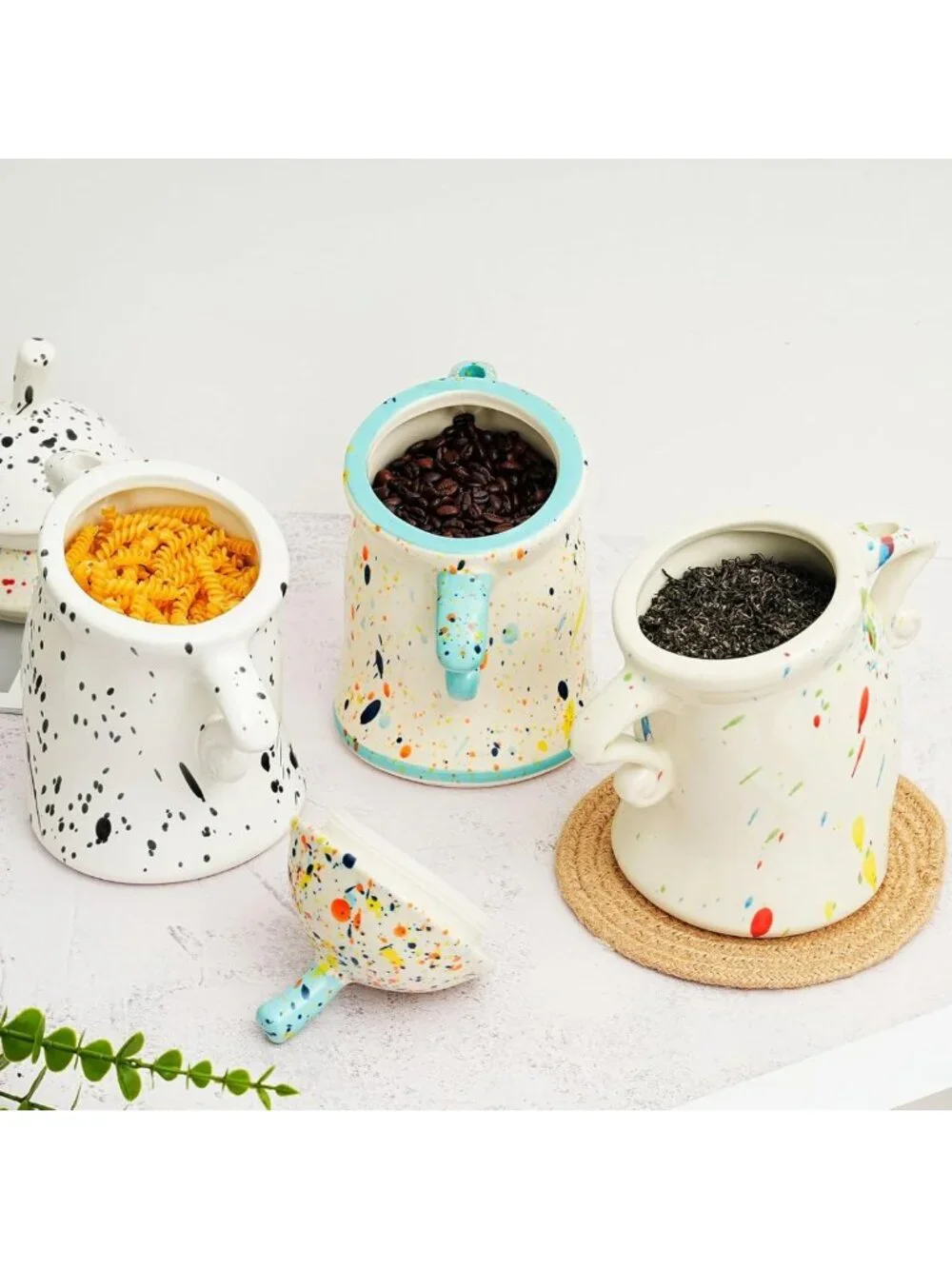 Airtight Ceramic Canister with Spoon - Cute Food Storage for Tea, Coffee, Sugar